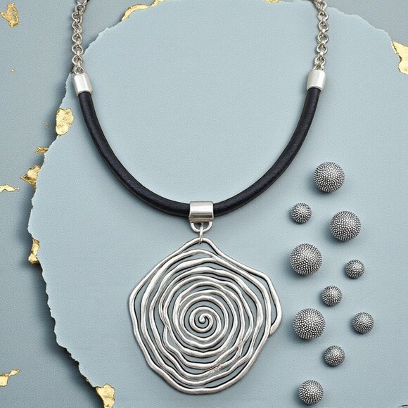 Handmade Turkish Artisan Leather Necklace Bold Zamak Spiral Flower Pendant - Picture 10 of 10